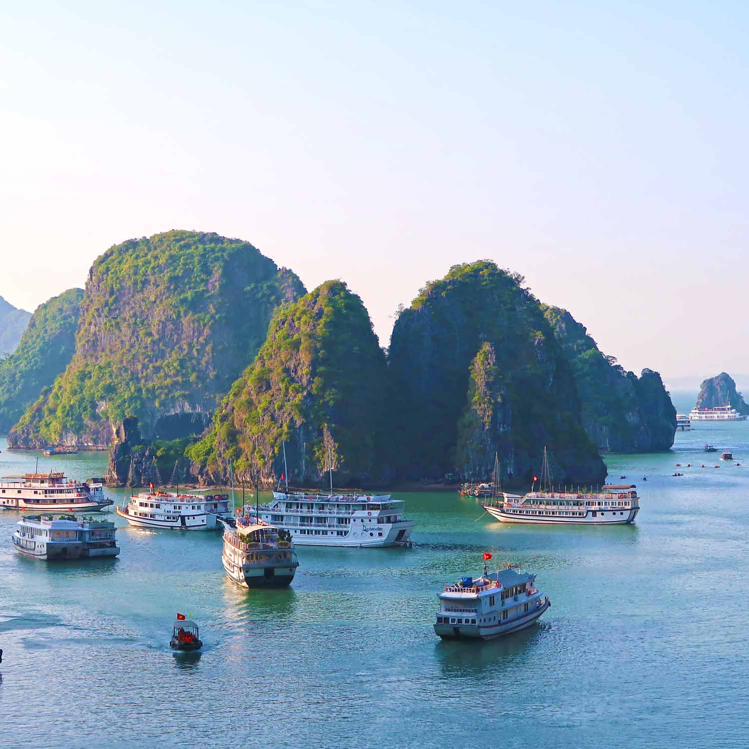 Vietnam Sehenswürdigkeiten - Die Top Spots für deine Reiseroute - Blick auf die Boote in der Halong Bucht